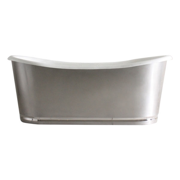 'The Edington73' 73" Cast Iron French Bateau Tub with Burnished Stainless Steel Exterior with Mirror Polished Rogeat Base and Drain