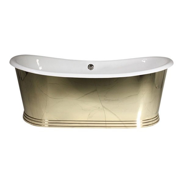 'The Holyrood73' 73" Cast Iron French Bateau Tub with Mirror Polished Solid Brass Exterior and Drain