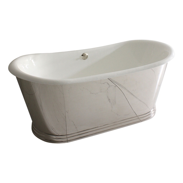 'The Lindisfarne NEW59' 59" Cast Iron French Bateau Tub with Mirror Polished Stainless Steel Exterior with Penhaglion Step Base and Drain