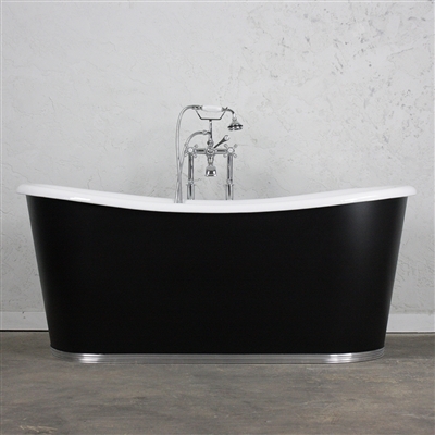 <br>'The Monaco' 68" Cast Iron French Bateau Tub with Eggshell Black Aluminum Exterior and Bright Aluminum Base Band<br>