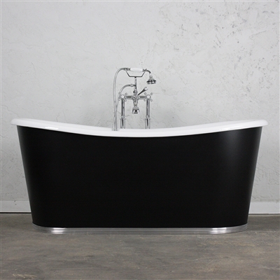 <br>'The Monaco73' 73" Cast Iron French Bateau Tub with Eggshell Black Aluminum Exterior and Bright Aluminum Base Band<br>