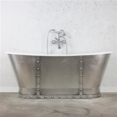 <br>'The Tintagel' 68" Cast Iron French Bateau Tub with Antiqued Faux Silver Leaf Exterior and Drain<br>