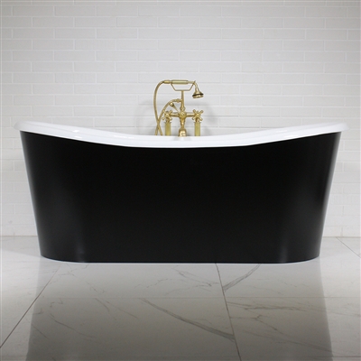 <br>'The Whitland73' 73" Cast Iron French Bateau Tub with Eggshell Onyx Black Finish Aluminum Exterior Shell and Drain<BR>