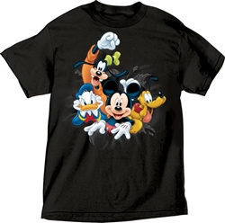 Adult Unisex T-Shirt Fab 4 Bursting Goofy, Donald, Mickey Pluto Tee, Black