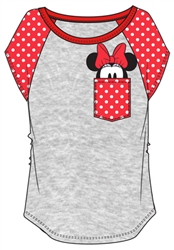 Junior Fashion Contrast Shoulder Top Minnie Pocket, Gray with Red