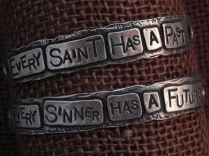 American Pewter Double Leather Cuff Plates EVERY SAINT HAS A PAST EVERY SINNER HAS A FUTURE