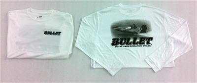 BULLET LONG SLEEVE PERFORMANCE JERSEY. WHITE WITH DARK GRAY BOAT GRAPHICS