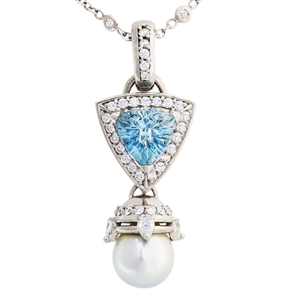 Pearl and the Sea Diamond and Aquamarine Pendant, set in 14k Gold