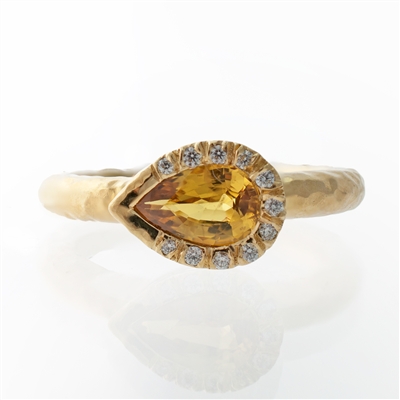 Hammered Pear Bezel Yellow Sapphire Ring, White Diamonds. 14k Gold, Blue Sapphire