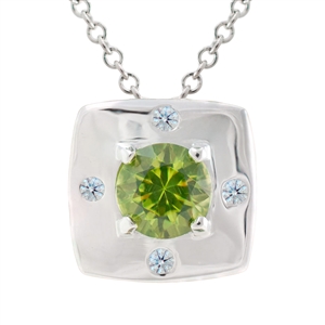 Cushion Shaped Pendant with Diamonds and Peridot, includes a 1mm cable chain in multiple lengths. 18k, 14k gold, platinum