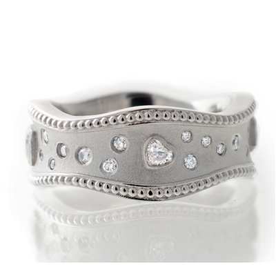 Heart Diamond Wavey Band, 4 bezel heart cut diamonds, 14k, 18k gold, silver