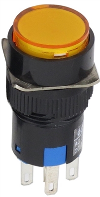 YuCo YC-16I-MAIN-YY-6 16mm Round Illuminated 5-Pin Push Button - Maintained - 12V AC/DC - Yellow