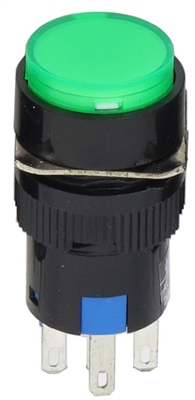 YuCo YC-16I-MOM-YG-6 16mm Round Illuminated 5-Pin Push Button - Momentary - 12V AC/DC - Green