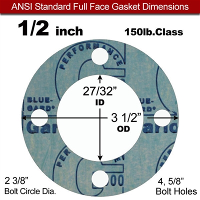 Garlock 3000 NBR Full Face Gasket - 150 Lb. - 1/16" Thick - 1/2" Pipe