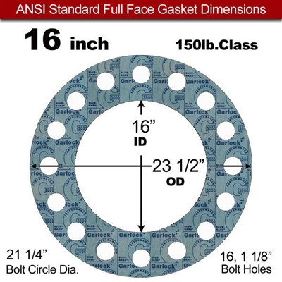 Garlock 3000 NBR Full Face Gasket - 150 Lb. - 1/16" Thick - 16" Pipe