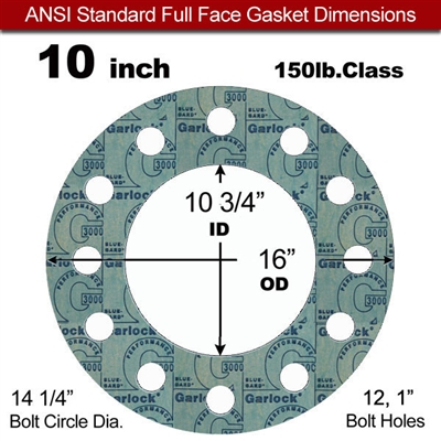 Garlock 3000 NBR Full Face Gasket - 150 Lb. - 1/8" Thick - 10" Pipe