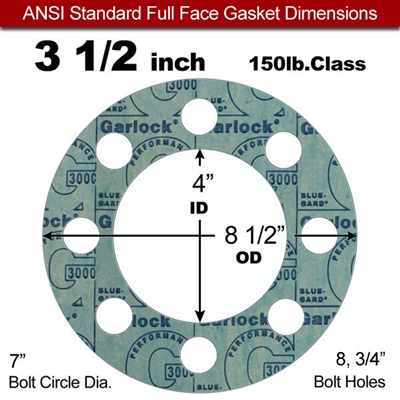 Garlock 3000 NBR Full Face Gasket - 150 Lb. - 1/8" Thick - 3-1/2" Pipe