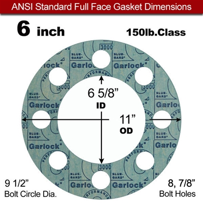 Garlock 3000 NBR Full Face Gasket - 150 Lb. - 1/8" Thick - 6" Pipe