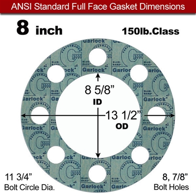 Garlock 3000 NBR Full Face Gasket - 150 Lb. - 1/8" Thick - 8" Pipe