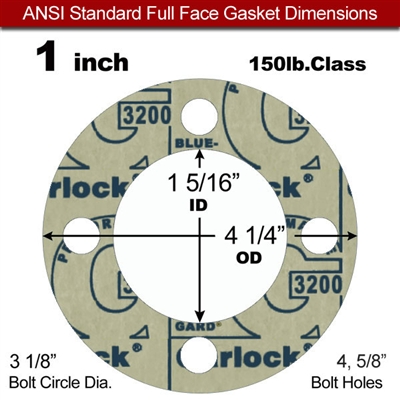 Garlock 3200 SBR Full Face Gasket - 150 Lb. - 1/16" Thick - 1" Pipe