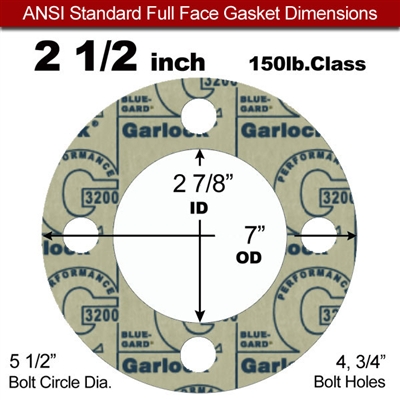 Garlock 3200 SBR Full Face Gasket - 150 Lb. - 1/16" Thick - 2-1/2" Pipe