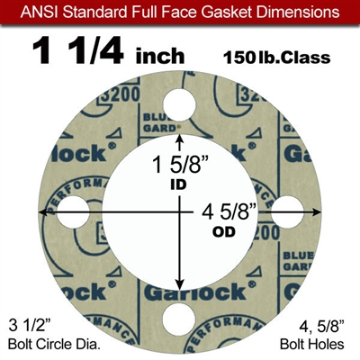 Garlock 3200 SBR Full Face Gasket - 150 Lb. - 1/8" Thick - 1-1/4" Pipe