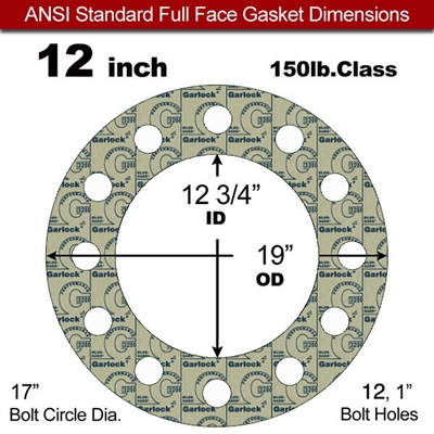 Garlock 3200 SBR Full Face Gasket - 150 Lb. - 1/8" Thick - 12" Pipe