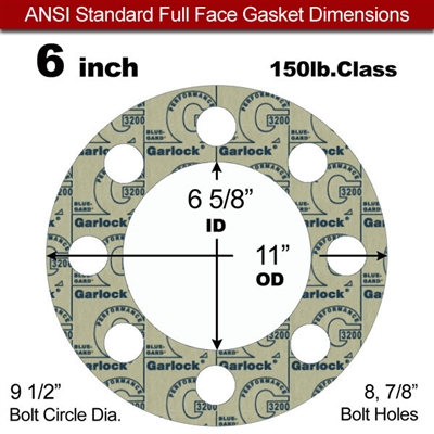 Garlock 3200 SBR Full Face Gasket - 150 Lb. - 1/8" Thick - 6" Pipe