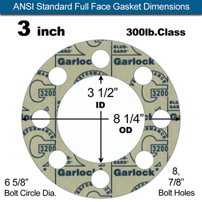 Garlock 3200 SBR Full Face Gasket - 300 Lb. - 1/8" Thick - 3" Pipe
