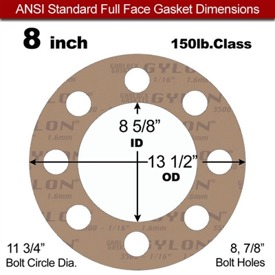 Garlock 3500 Fawn GylonÂ® Full Face Gasket - 150 Lb. - 1/16" Thick - 8" Pipe