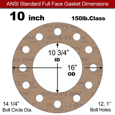 Garlock 3500 Fawn GylonÂ® Full Face Gasket - 150 Lb. - 1/8" Thick - 10" Pipe