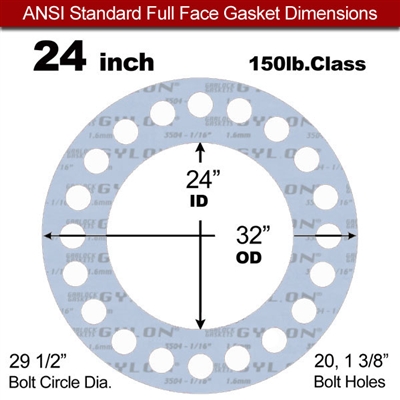 Garlock GylonÂ® 3504 Full Face Gasket - 150 Lb. - 1/16" Thick - 24" Pipe