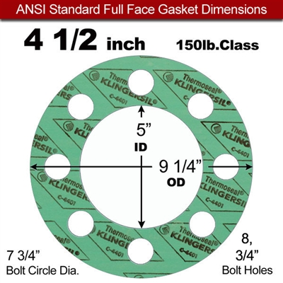 C-4401 Green N/A NBR Full Face Gasket - 150 Lb. - 1/8" Thick - 4-1/2" Pipe