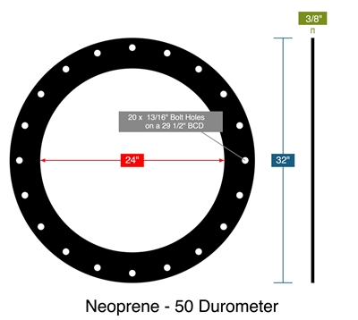 50 Durometer Neoprene Full Face Gasket - 24" ID x 32" OD x 3/8" Thick (20) .8125" Holes On 29.5" BC