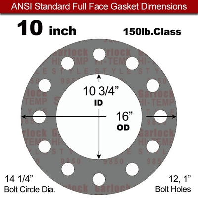 Garlock Style 9850 N/A NBR Full Face Gasket - 150 Lb. - 1/16" Thick - 10" Pipe