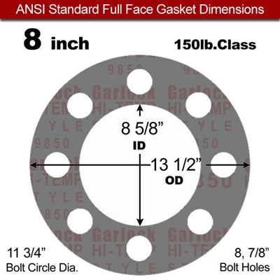 Garlock Style 9850 N/A NBR Full Face Gasket - 150 Lb. - 1/8" Thick - 8" Pipe