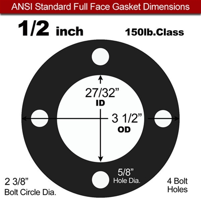 60 Duro Buna-N Full Face Gasket - 150 Lb. - 1/16" Thick - 1/2" Pipe