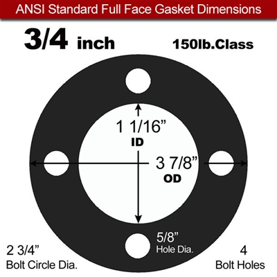 60 Duro Buna-N Full Face Gasket - 150 Lb. - 1/16" Thick - 3/4" Pipe