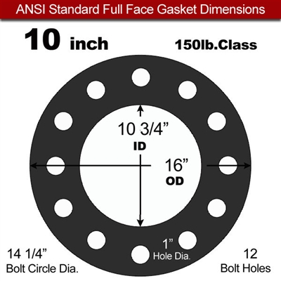 60 Duro Buna-N Full Face Gasket - 150 Lb. - 1/8" Thick - 10" Pipe