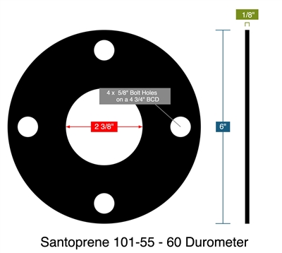 Santoprene 101-55 - 60 Durometer -  1/8" Thick - Full Face Gasket - 150 Lb. - 2"