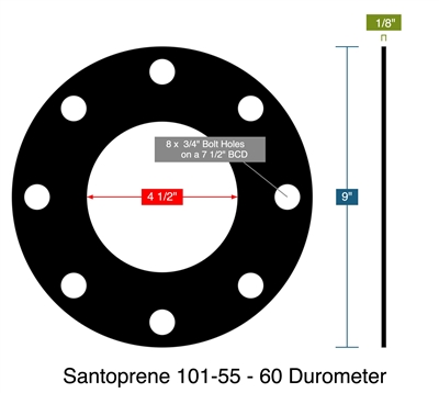 Santoprene 101-55 - 60 Durometer -  1/8" Thick - Full Face Gasket - 150 Lb. - 4"
