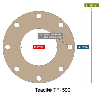 Teadit® TF1590 - 3.18mm Thick - Full Face Gasket - 222mm ID - 432mm OD - 8 x 29mm Holes on a 375mm Bolt Circle Diameter