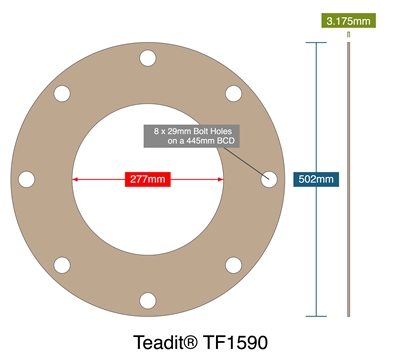 Teadit® TF1590 - 3.18mm Thick - Full Face Gasket - 277mm ID - 502mm OD - 8 x 29mm Holes on a 445mm Bolt Circle Diameter