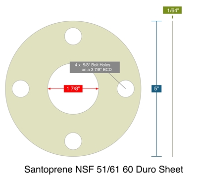 Santoprene NSF 51/61 60 Duro Sheet - Full Face Gasket -  1/64" Thick - 1.875" ID - 5" OD - 4 x 0.625" Holes on a 3.875" Bolt Circle Diameter