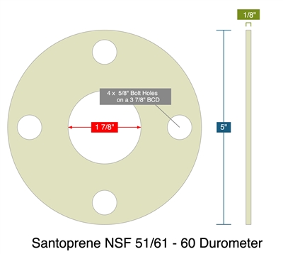 Santoprene NSF 51/61 - 60 Durometer - Full Face Gasket -  1/8" Thick - 1.875" ID - 5" OD - 4 x 0.625" Holes on a 3.875" Bolt Circle Diameter