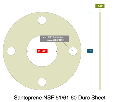 Santoprene NSF 51/61 60 Duro - Full Face Gasket -  1/8" - 150 Lb. 2"