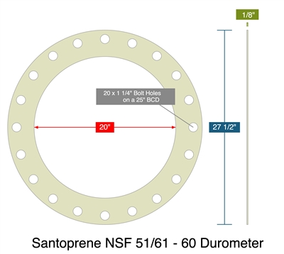 Santoprene NSF 51/61 - 60 Durometer - Full Face Gasket -  1/8" Thick - 20" ID - 27.5" OD - 20 x 1.25" Holes on a 25" Bolt Circle Diameter