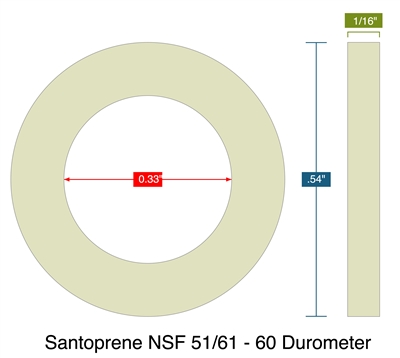 Santoprene NSF 51/61 - 60 Durometer -  1/16" Thick - Ring Gasket - .33" ID - .54" OD