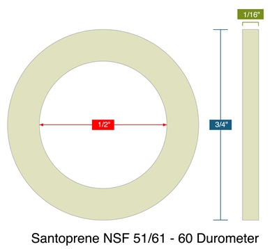 Santoprene NSF 51/61 - 60 Durometer -  1/16" Thick - Ring Gasket - .50" ID - .75" OD