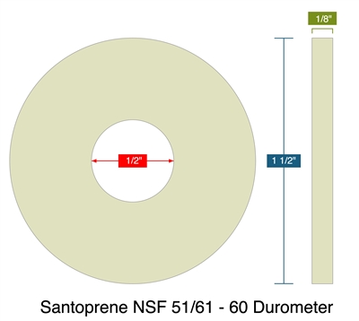 Santoprene NSF 51/61 - 60 Durometer - Ring Gasket -  1/8" Thick - .5" ID - 1.5" OD